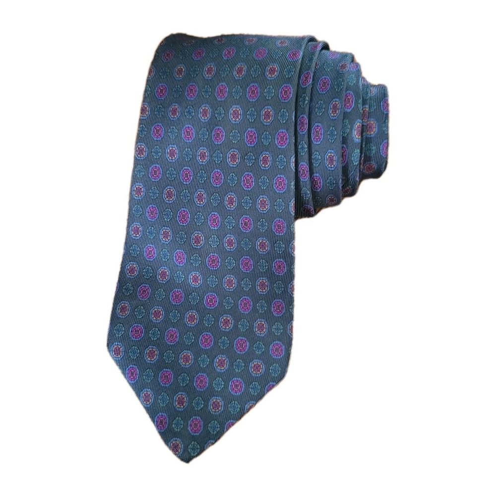 Neiman-Marcus 100% Silk Neck Tie Green/Purple Geometric 3 3/8" Handmade‎ USA
